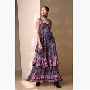 Rococo Sand NOTT Sweet heart Tiered Metallic Purple Paisley Maxi Long Dress